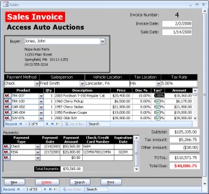 The Access Auto Auctions Sales Invoice form used to show multiple linked subforms and totals